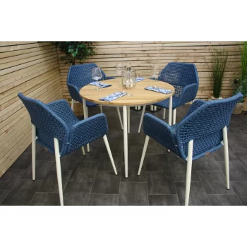 Hawk Halls' Sardina Table with 4 Blue Patagonia Chairs, White Sandy Aluminium.