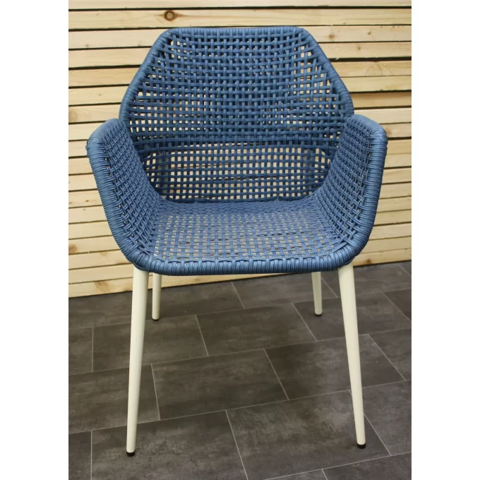 Hawk Halls' Blue Patagonia Chairs, White Sandy Aluminium. Close Up