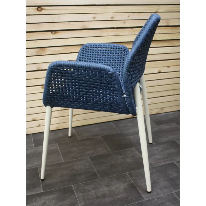 Hawk Halls' Blue Patagonia Chairs, White Sandy Aluminium. Close Up