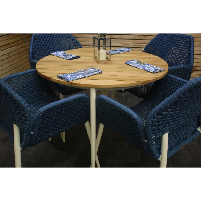 Hawk Halls' Sardina Table with 4 Blue Patagonia Chairs, White Sandy Aluminium.