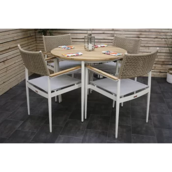 Hawk Halls' Sardina Table with 4 Light Brown Sardinia Chairs, White Sandy Aluminium.