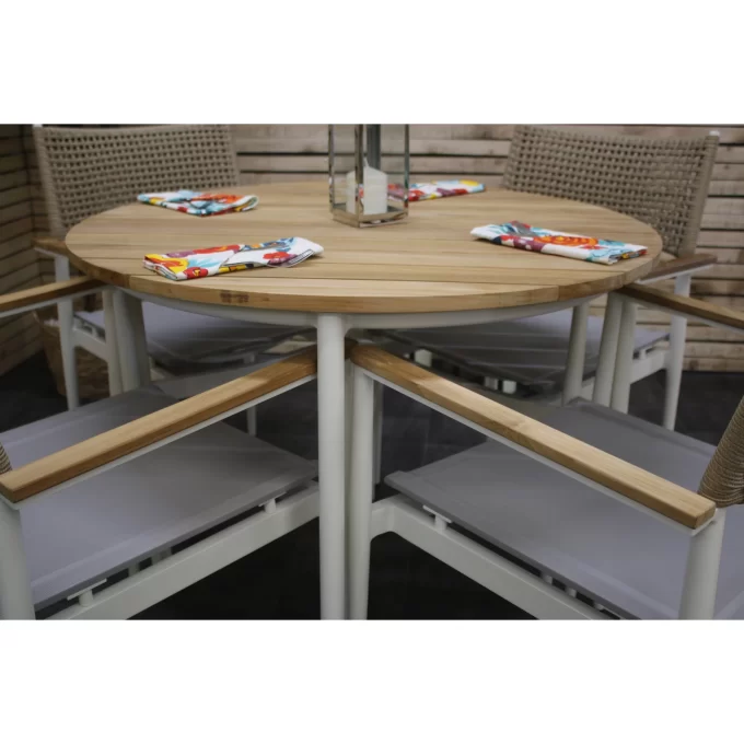 Hawk Halls' Sardina Table with 4 Light Brown Sardinia Chairs, White Sandy Aluminium.