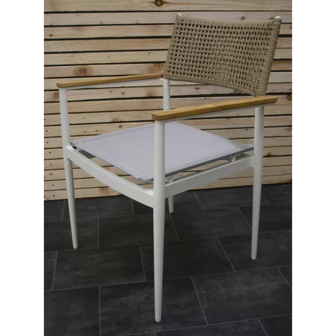Hawk Halls' Light Brown Sardinia Chairs, White Sandy Aluminium. Close Up