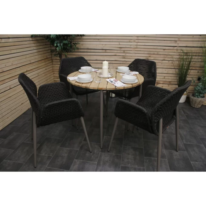 Hawk Halls' Sardina Table with 4 Black/Pink Patagonia Chairs, Warm Grey Aluminium.