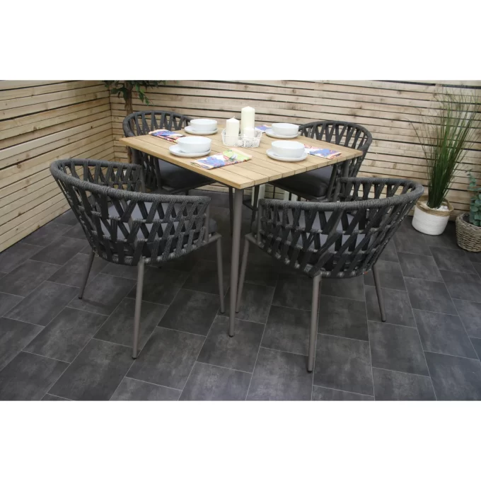 Hawk Halls' Sardina Table with 4 Dark Grey Bajo Chairs, Warm Grey Aluminium.