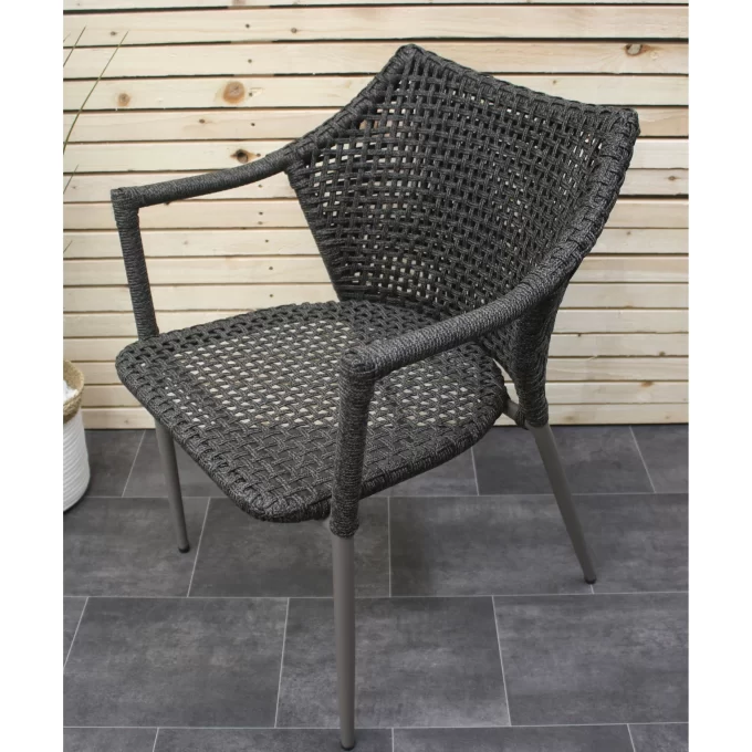 Hawk Halls' Dark Brown Kuta Chairs, Warm Grey Aluminium. Close Up